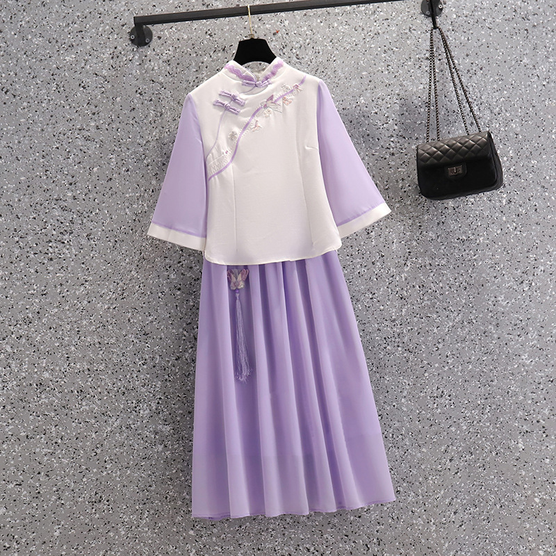 Picture of Cheongsam Top Embroidered Violet Dress Two-Piece Chinese Ethnic Costume Hanfu Improved Retro Zen Tea Suit for Summer