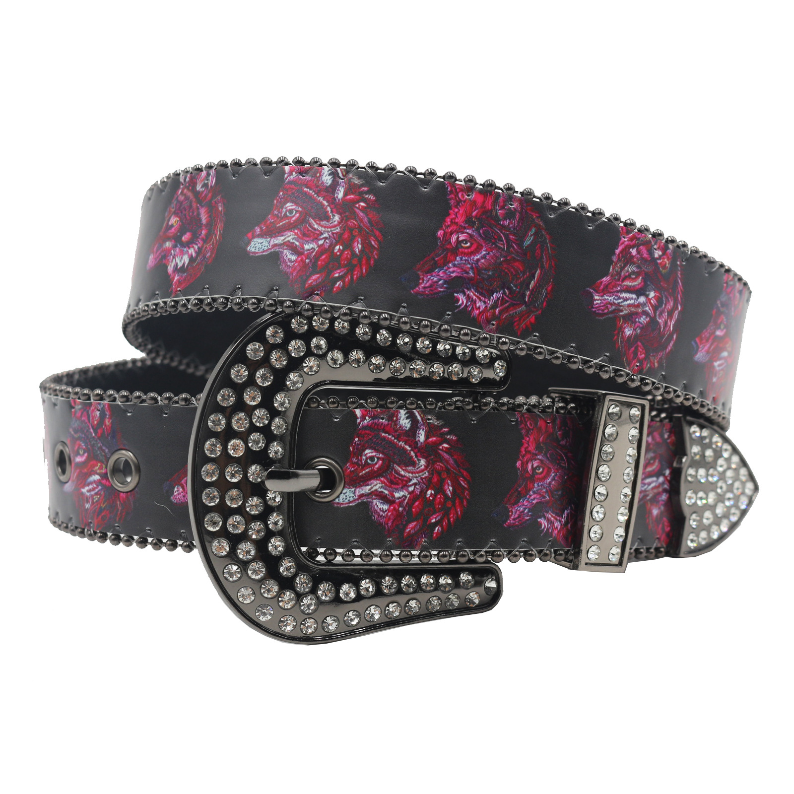Original design Y2K wolf head rhinestone printed belt Y2K trend PU leather belt