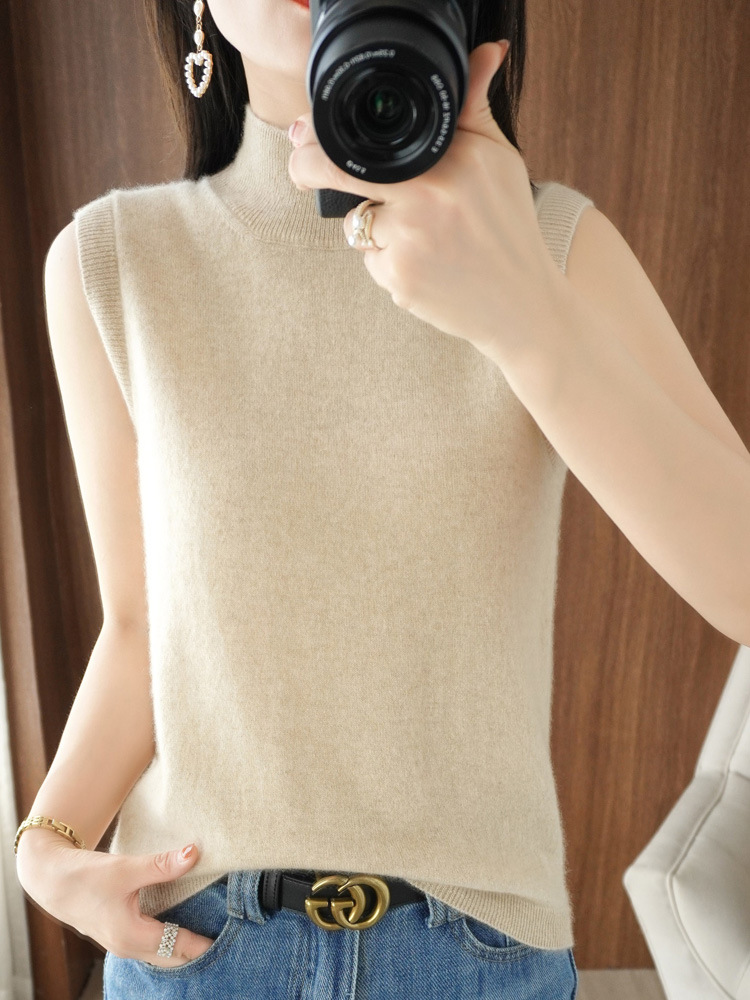 25 Summer New Semi-high Collar Pullover Solid Color Base Sleeveless T-shirt with Camisole Versatile Knitted Top