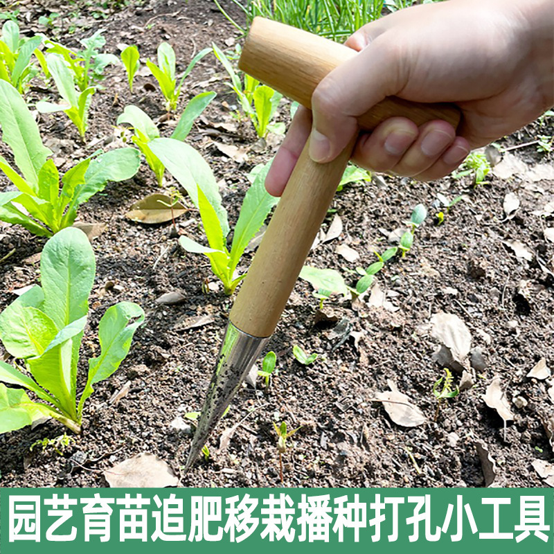 Horticultural hole puncher T-type fertilization vegetable seed transfer seedling planting tool wooden handle garden top dressing hole puncher wholesale