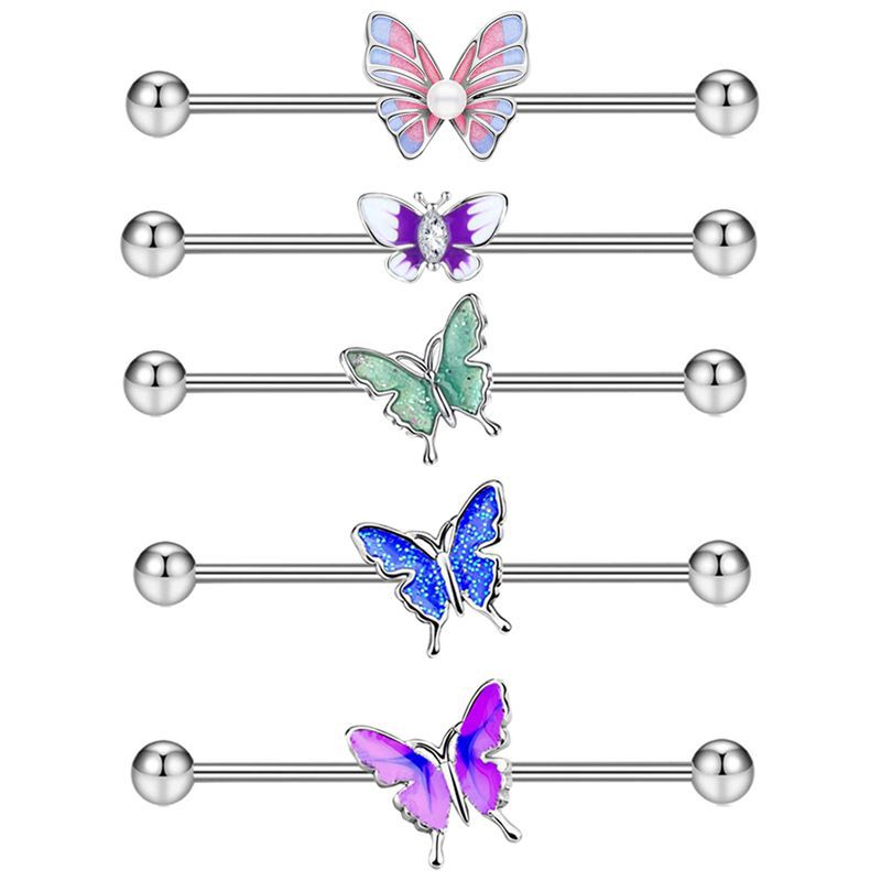 Cross-border 14G industrial barbell ear studs external thread puncture drop oil butterfly ear bridge double ear hole straight rod pearl ear studs