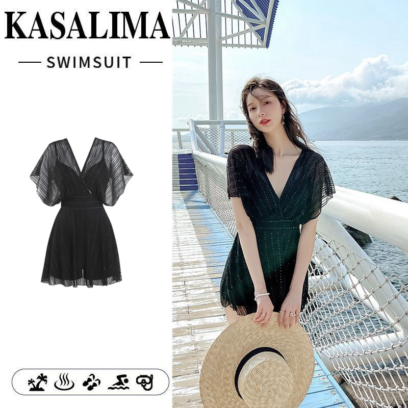 Hot Spring Swimsuit Women's Conservative Slim Belly Covering One-piece Korean-style New Student Skirt Style Small Chest Gathering Swimsuit for Women
