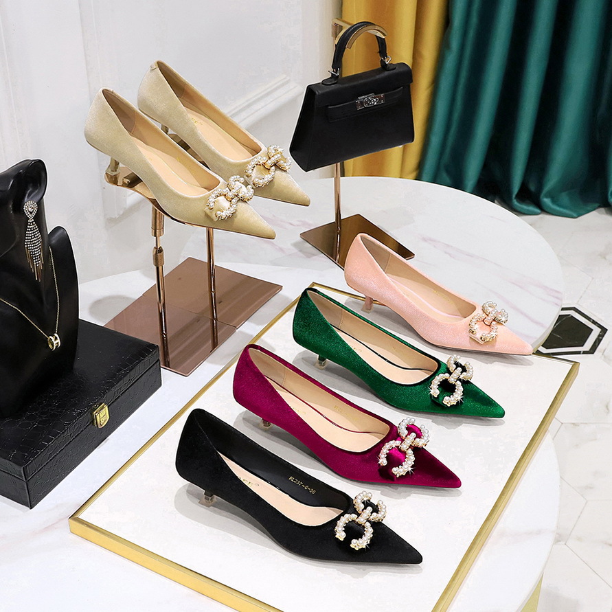 237-K79 Korean Style Banquet Women's Shoes Mid-Heel Thickened Suede Shallow Mouth Pointed Metal Rhinestone Pearl Buckle Shoes for Women