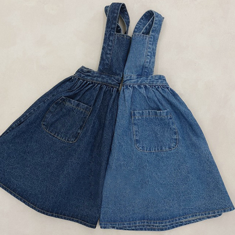 Korean Children's Spring and Autumn Tight Waist Stylisch Dress Girl's Instagram Popular Pocket Denim Large Swing Strand Dress