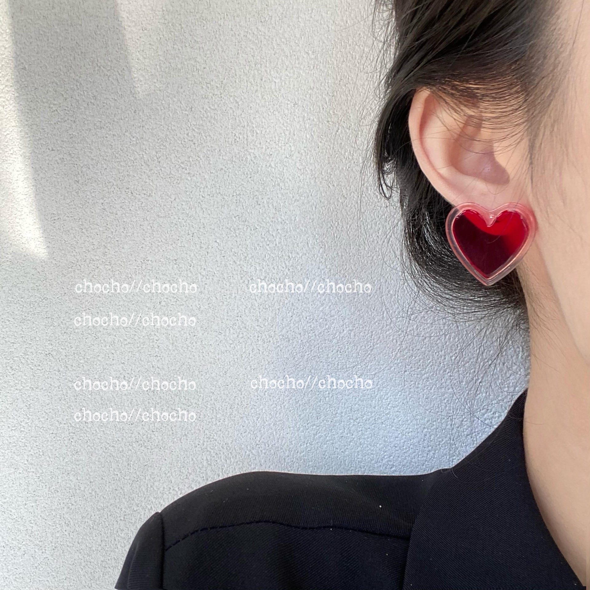 South Korea transparent red double-layer love 2023 new fashion ear pin sweet girl white earrings female S925 Silver Needle