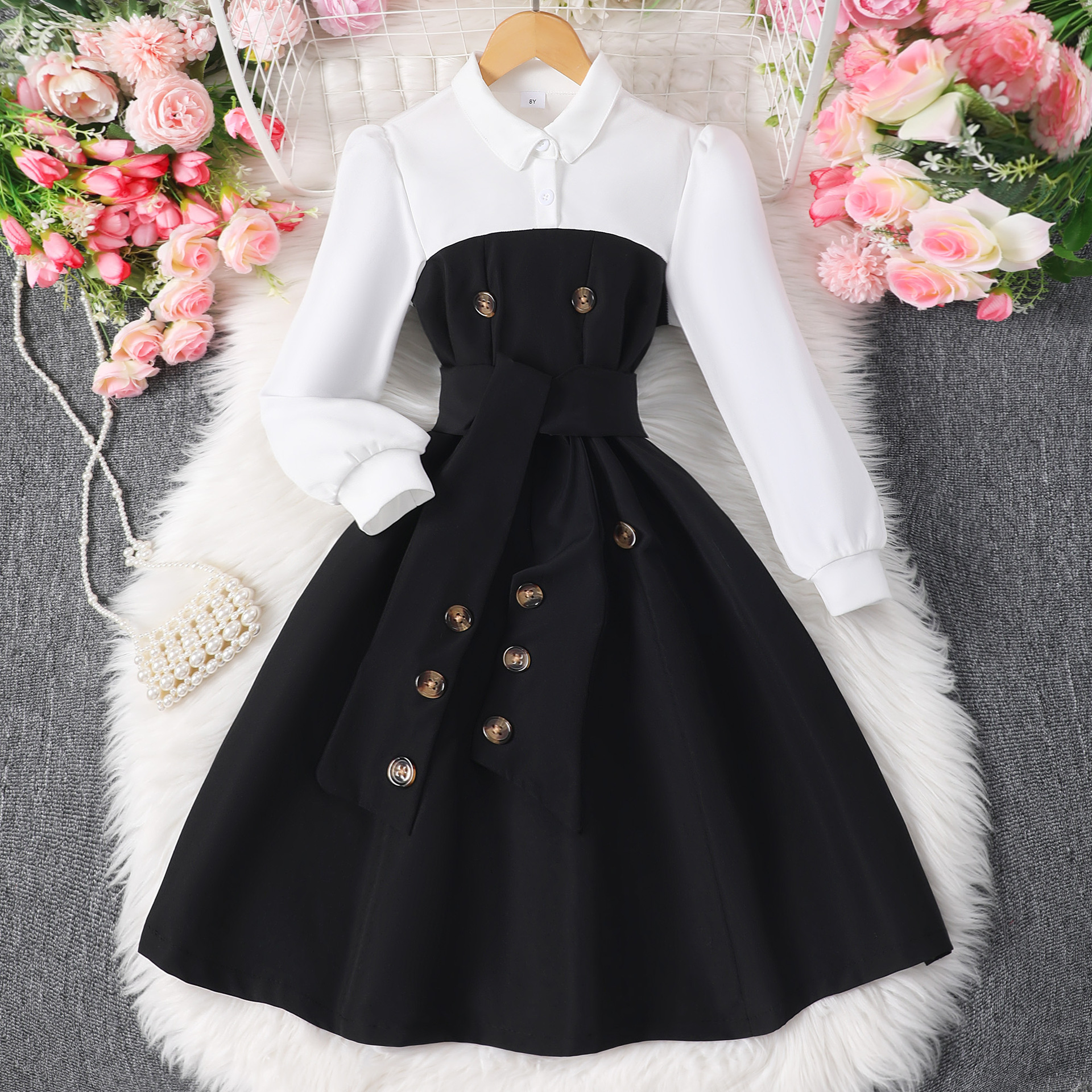 Picture of Cross-Border Best-Selling Style for Girls, Long-Sleeved Lapel Button Stitching, Fashionable Contrasting Color Simple Dress