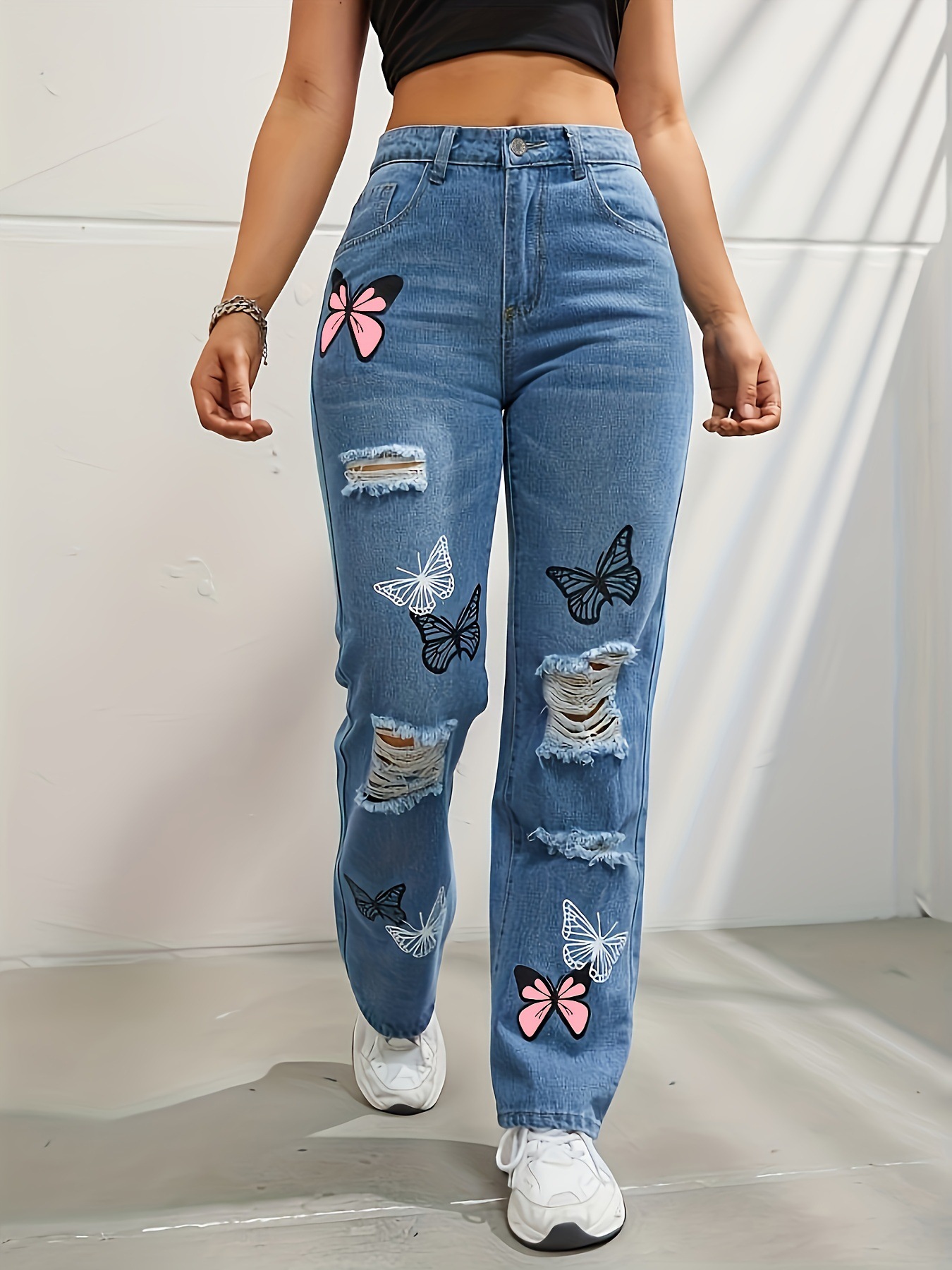 Butterfly Print Ripped and Cut Fashionable Denim Straight High Waist Contrast Denim Pants for Women 18086