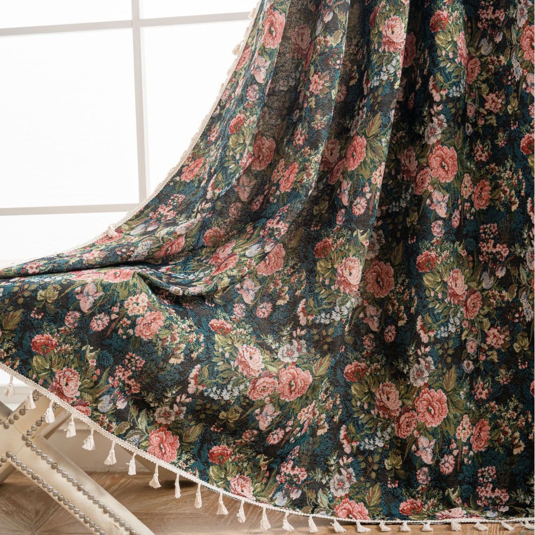 Imanqi Rhyme American Retro Curtain Finished Semi-Shaded Living Room Jacquard Tassel Curtain Flower Pink Factory