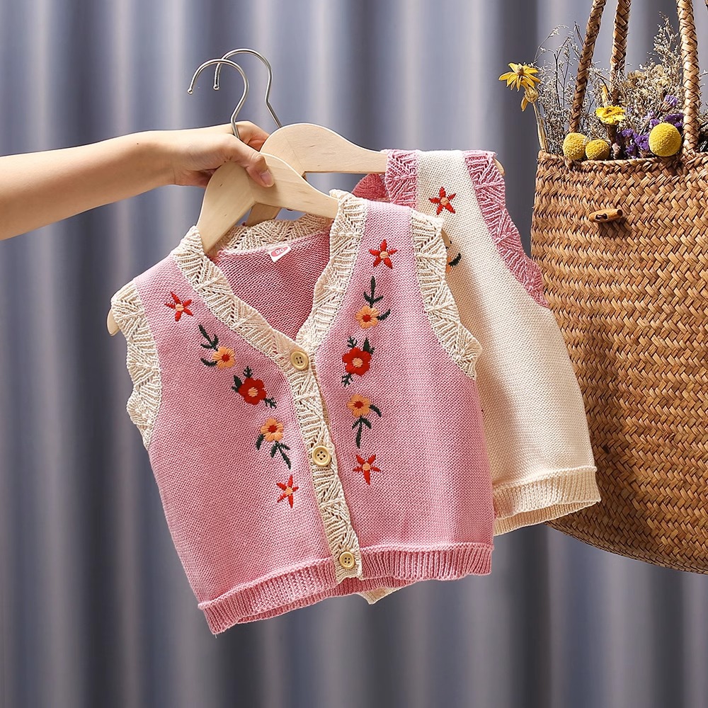 Picture of Baby Vest Knitwear Floral Embroidered Girls' Clothes Waistcoat Cardigan Baby Sweater Vest Fashionable Jacket Korean Style