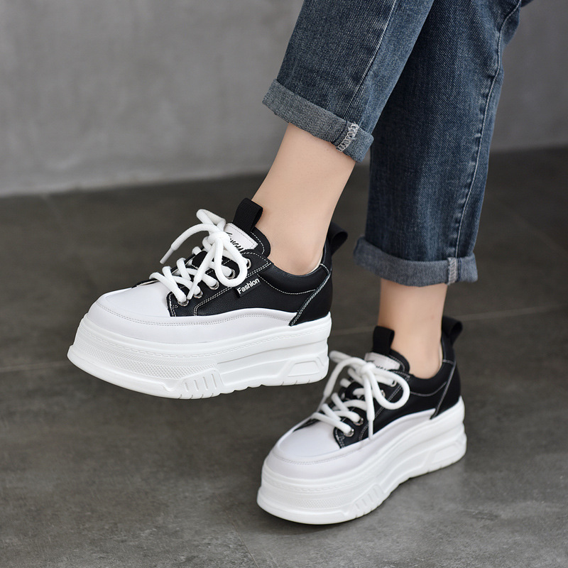 Travel Shoes, Women's Toe-Layer Cowhide Thick-Soled White Shoes, Heightening Casual Shoes