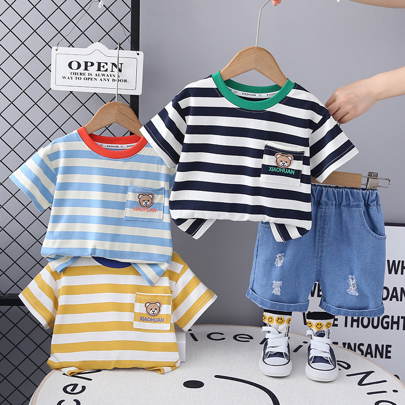 Summer Western Style Baby Two-piece Set Boys New Summer Handsome Thin Striped Pocket Bear Head Short-sleeved Cool suit