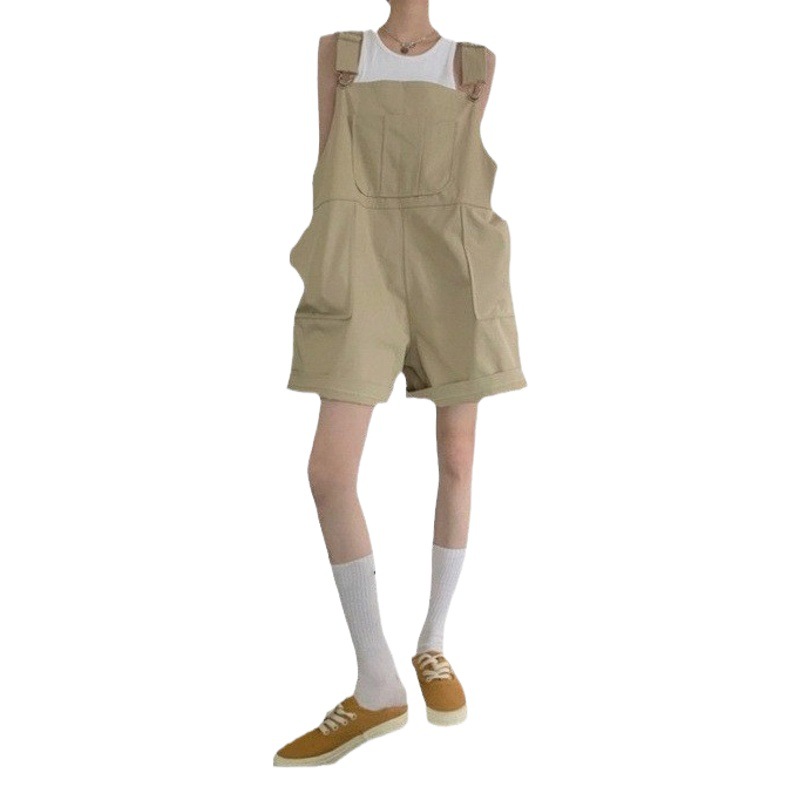 khaki Cotton Work Strap Women's Summer Sling Loose Slimming Straight Large Pocket Casual Wide Leg Shorts Trendy