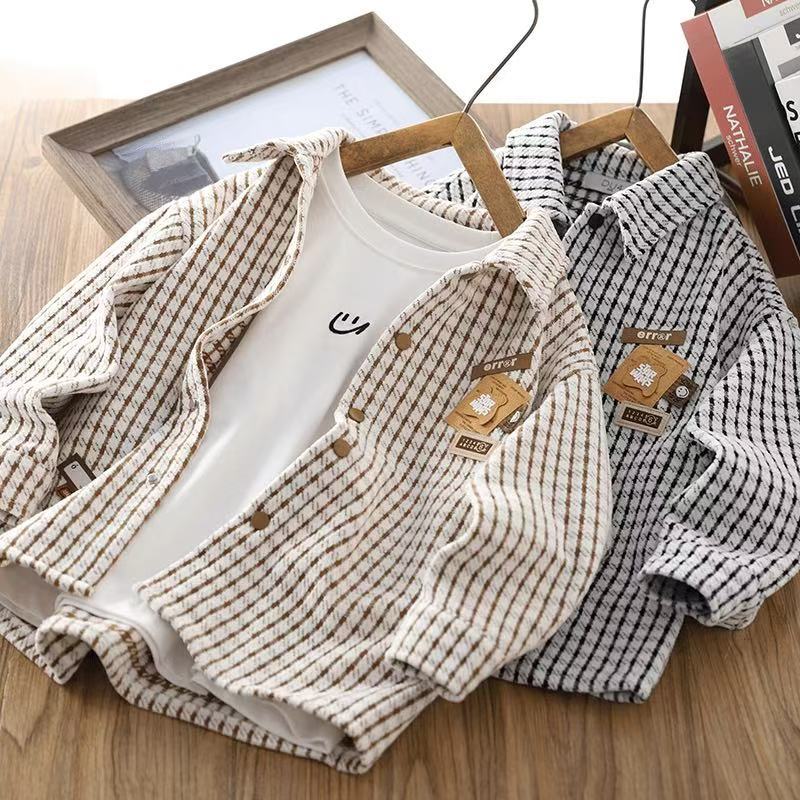 Boys Coat Autumn Coat Large Children Plaid Shirt Long Sleeve 2025 New Boys Casual Autumn Outer Wear Top