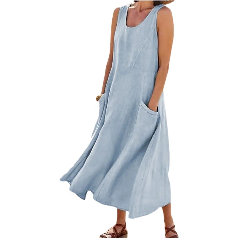 New Product in Stock Wish Aliexpress Amazon Independent Station Sleeveless Plus Flap Pocket Pants Pure Color Cotton and Linen Midi Dress