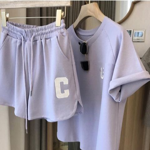Picture of in stock Amazon Japanese-Korean Sports suit Women's Summer Thin Fish Scale Embroidered Loose plus size Short-sleeved Shorts Two-piece Set