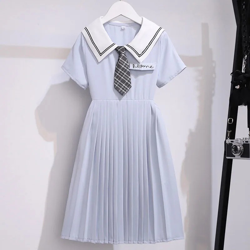 Girls' preppy style short sleeve dress summer new sailor suit navy collar Net red ocean princess dress for middle and big children