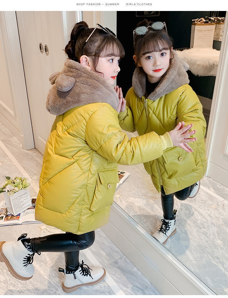 Picture of Women's Children's Clothing Winter Korean Style Cotton-padded Coat Mid-length Little Girl's Cute Cotton-padded Coat Thickened Warm-keeping Casual Cotton-padded Coat for Children