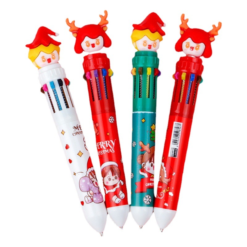 Cartoon Christmas ballpoint pen creative 10 color oil pen ten color one press ballpoint pen Christmas gifts