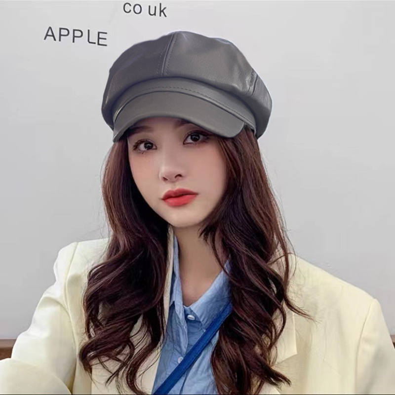 Picture of Korean Leather Beret Women's Autum Korean Style Student Cute Versatile Pu British Style Octagonal Hat Pumpkin Hat