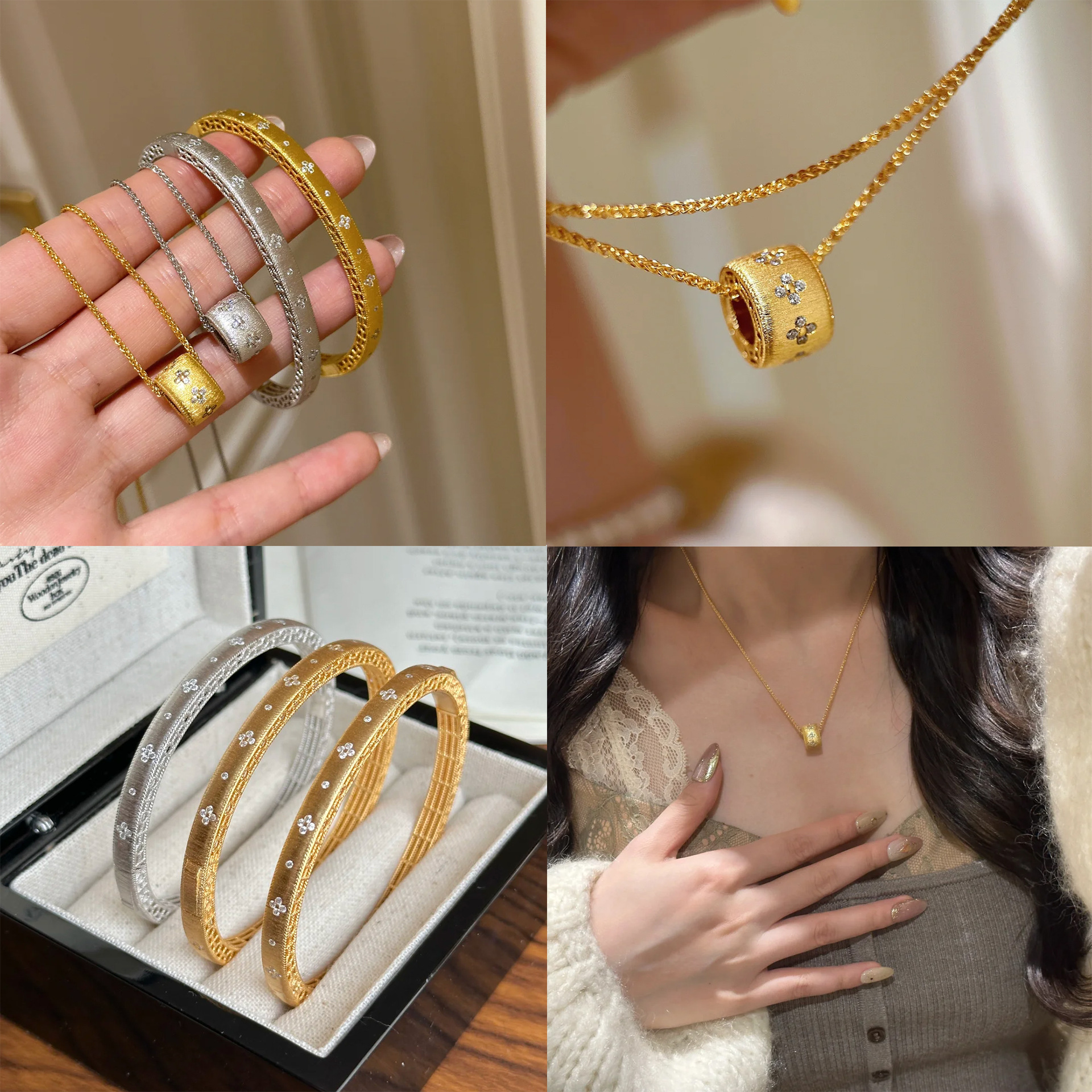 Picture of French Retro Kaleidoscope Four-leaf Clover Bracelet Ins Style High-quality Diamond-studded Four-leaf Clover Pendant High-quality suit