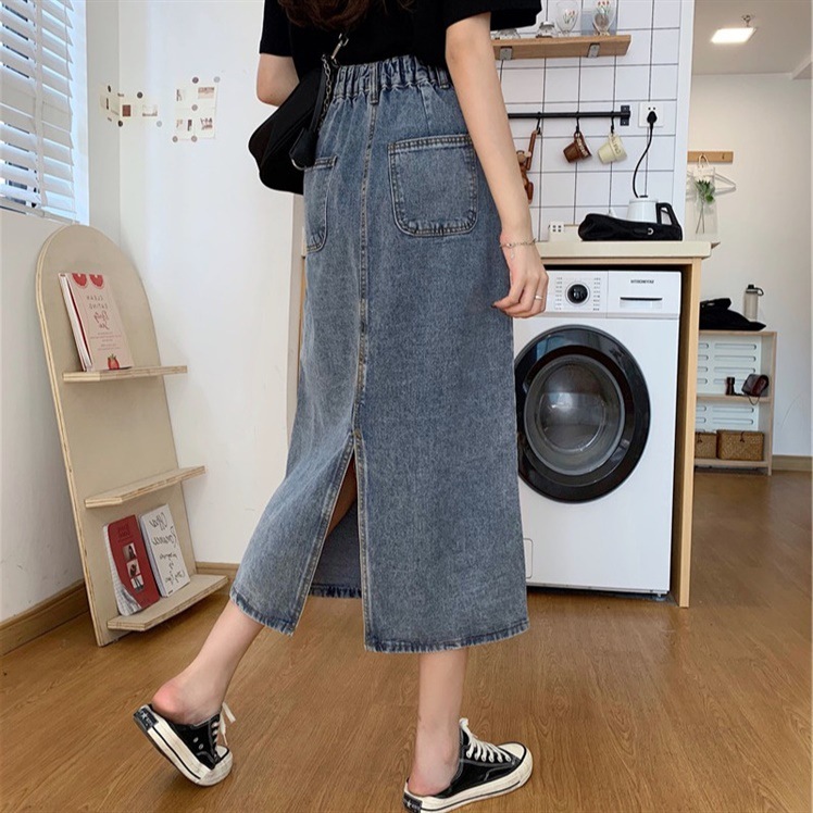 Denim Skirt Women's 2024 New Summer Retro Hong Kong Style High Waist Slimming Rear Split Mid-length A- line Skirt