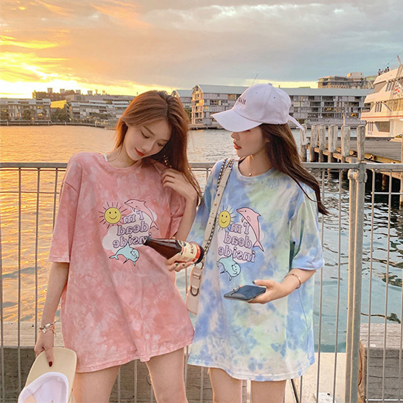 2025 Summer Southeast Asia New Age-Reducing Student Popular Same Style Personalized Tie-Dye Bestie Outfit Short-Sleeved T-Shirt Ins Trend