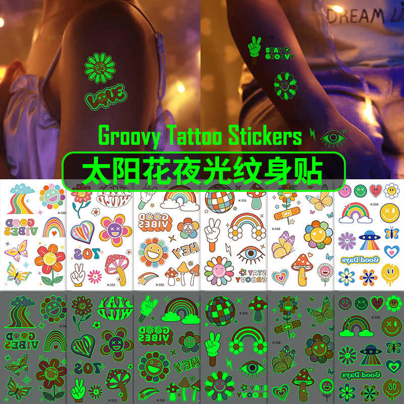 New Cartoon Luminous Tattoo Sticker Environmental Safety 70 s Groovy Cute Sunflower Smiley Cross-border Spot