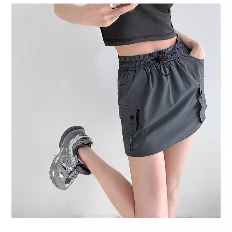 elastic waist drawstring skirt women's summer casual short skirt niche A- line skirt slimming gray work dress