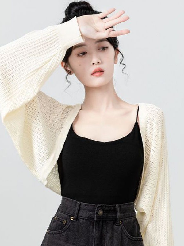 Apricot Cut Out Long-Sleeved Knitted Cardigan for Women Summer 2025 Sun Protection Blouse Suspender Short Waistcoat Top Fashionable and Versatile