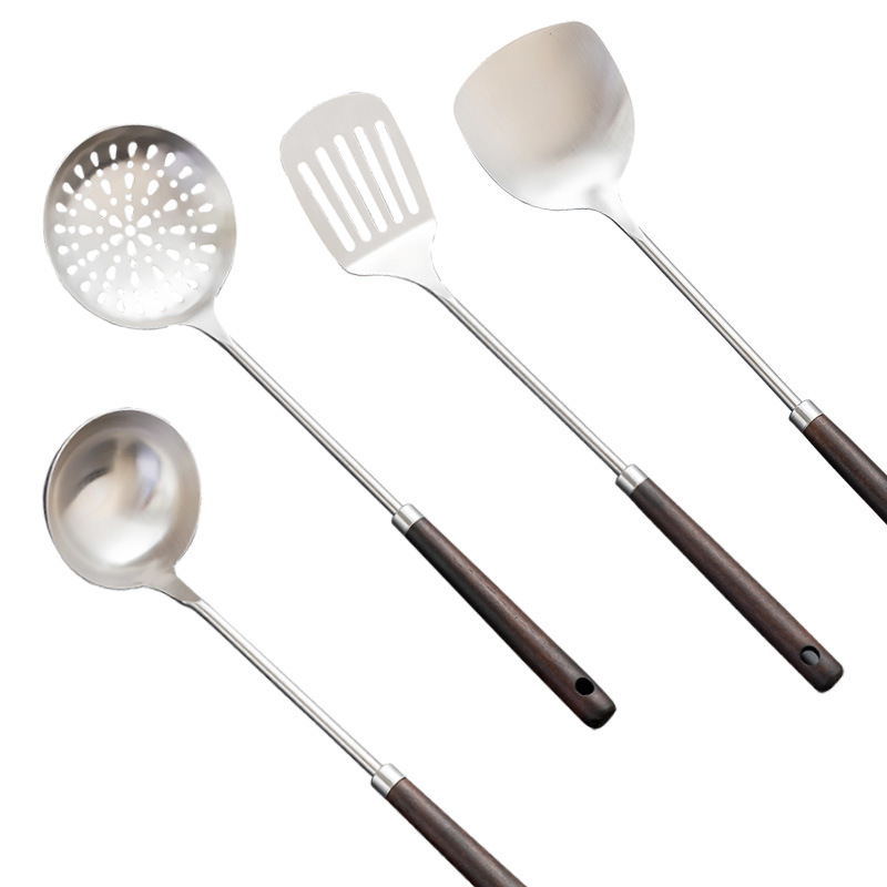 Picture of Kitchen Cooking Utensils Four-piece Set Soup Spoon Long Handle Household Stir-frying Shovel Set Wooden Handle Stainless Steel Pot