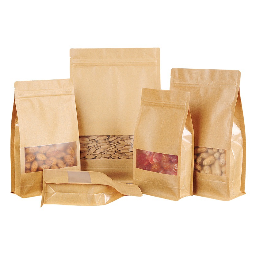 Cross-Border Yellow Kraft Paper Ziplock Bag Frosted Window Tea Bone Food Packaging Bag Eight-Sided Seal Kraft Paper Bag