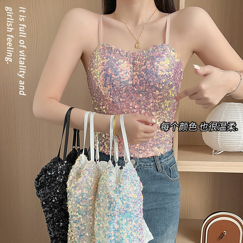 Foreign Trade Explosions Hot Girl Camisole Women's European and American Style Color Sequins Slim-fit Slimming Chest Camisole Vest Top