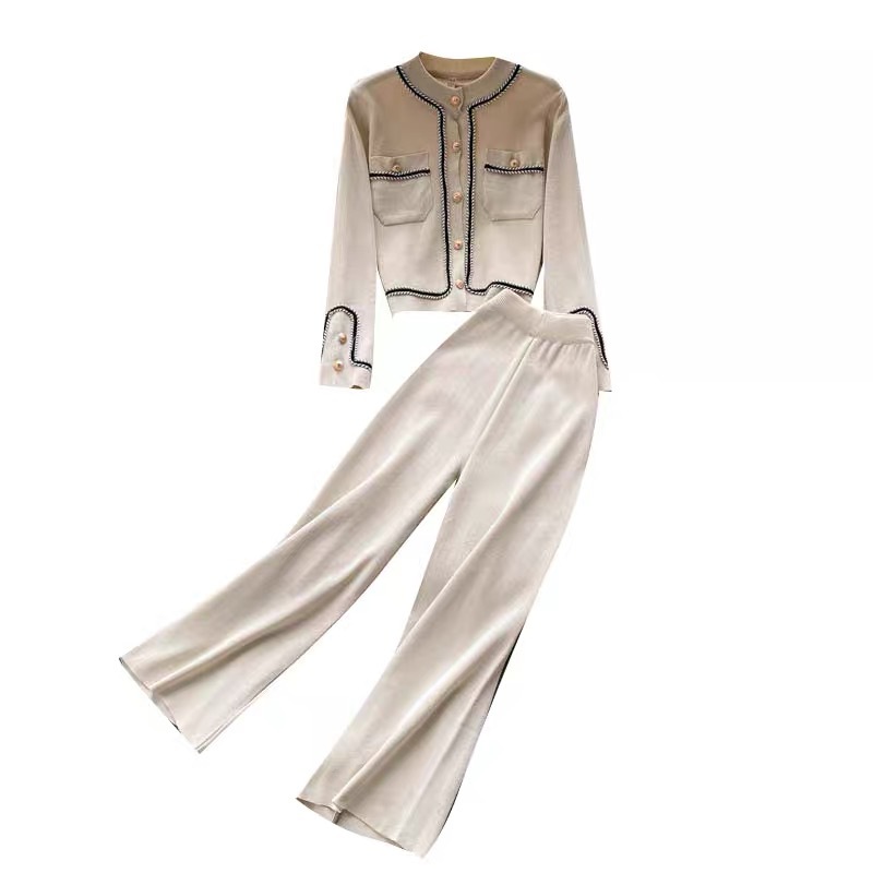 Picture of Light mature style knitted suit women's autumn New Design single-breasted Cardigan high waist slimming wide leg pants two-piece set