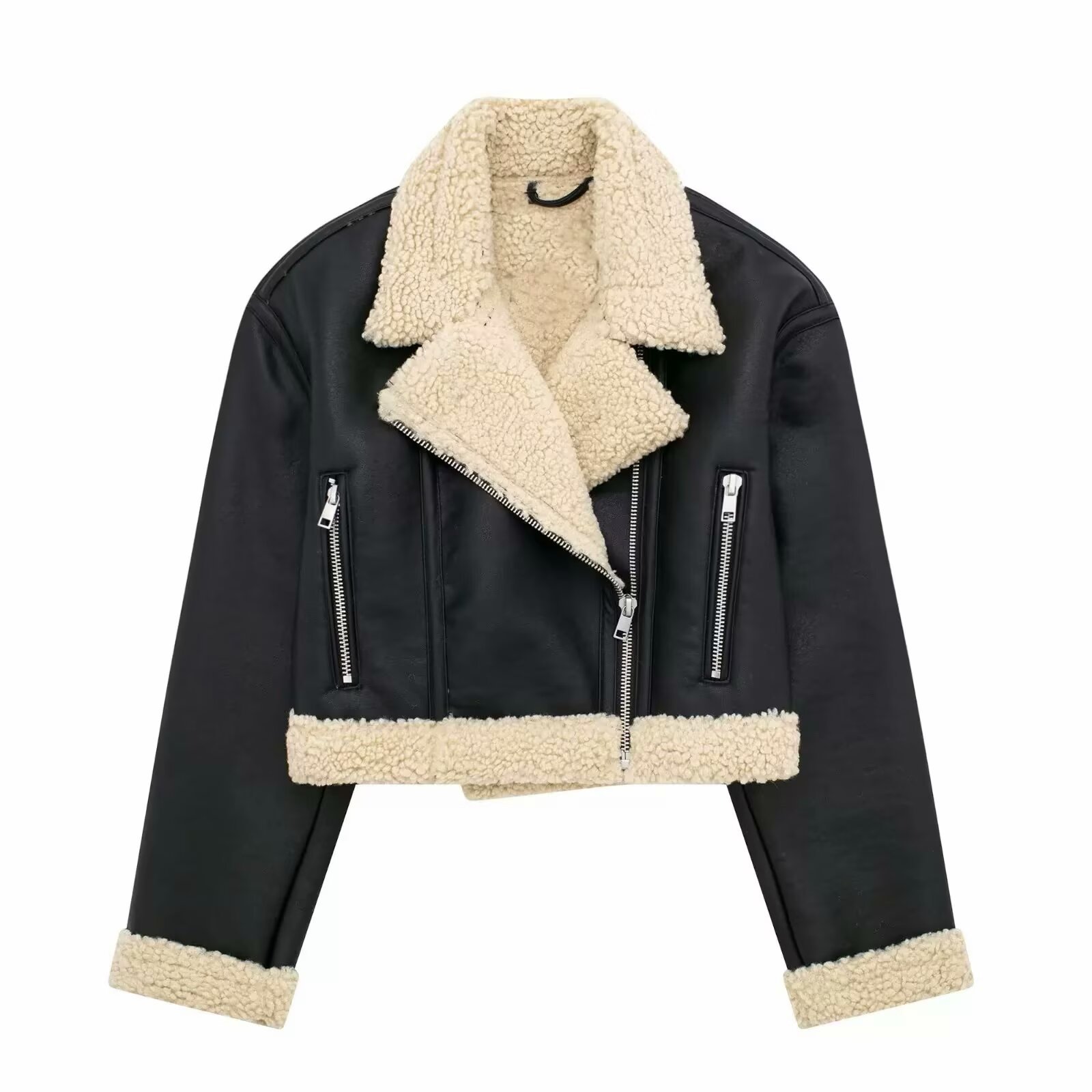 2024 Winter New European and American Style Fur One-piece Zipper Ornament Motorcycle Short Women's Double-sided Jacket Coat