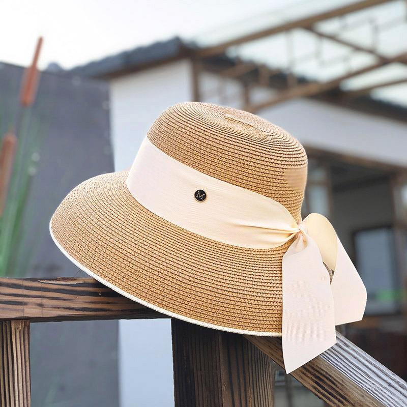Vintage French Style Hepburn Small Chanel Style Hat Women's Internet Popular Fashion Korean Style Sunscreen Sunshade Hat Satin Strap Straw Hat