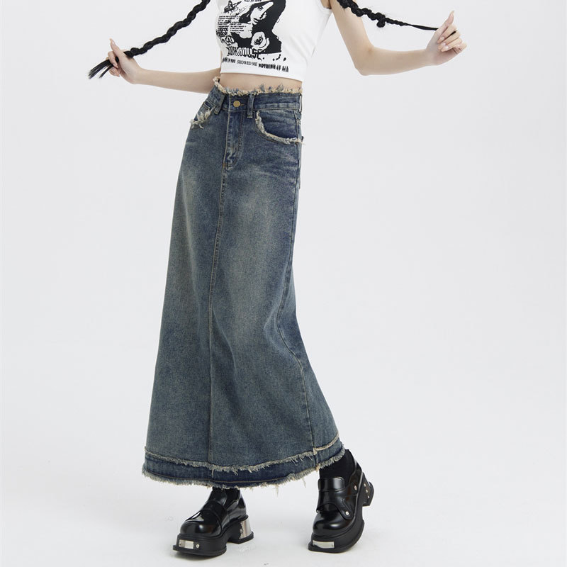 Denim Skirt Women's Online Celebrity Niche Design Sense Burr Edge Half-body Flesh Covering Casual High Waist Retro Hip Straight Midi Skirt
