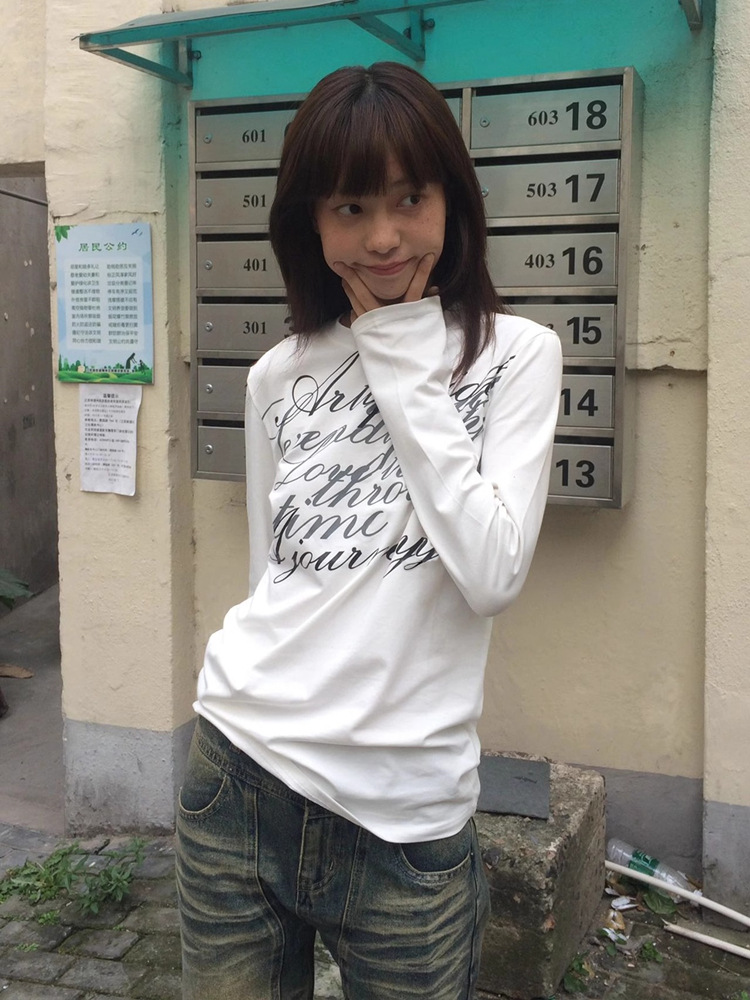 Spring and Autumn New Shoulder Crewneck Long-sleeved T-shirt Letter Printed Slim-fit Slimming Spice Girl Bottoming Top