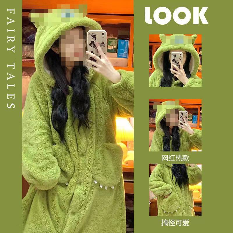 Big-Eyed Monster Pajamas for Women, Autumn and Winter Coral Velvet Nightgown, Thickened Long Bathrobe, Flannel Home Clothes with Cartoon Patterns