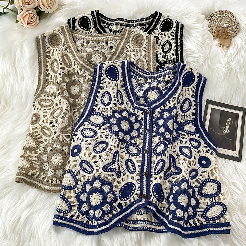 Picture of New Korean Style Knitted Vest Women's Vintage Embroidered Crochet Knitted Shirt Waistcoat Vest Sleeveless Jacket Spring and Summer