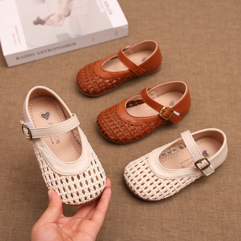Girls' Woven Leather Shoes, Baby's Cut Out Breathable Clogs, Little Girls' Casual Shoes, Forest-Style Student Soft-Soled Leather Shoes
