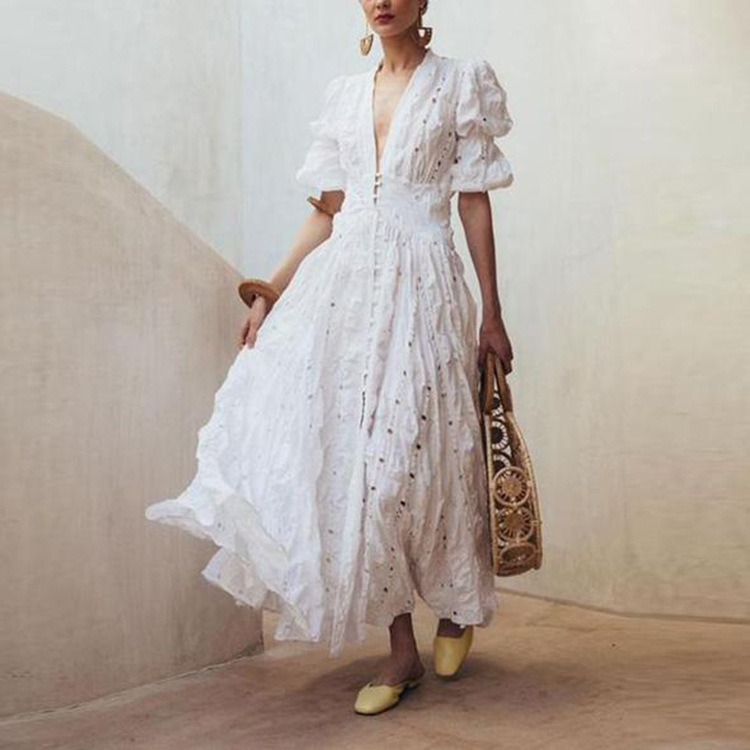 Export dress French Style Light Mature European and American Foreign Trade Women's Clothing Deep V Puff Sleeve Lace dress Hollow-out Long Dress