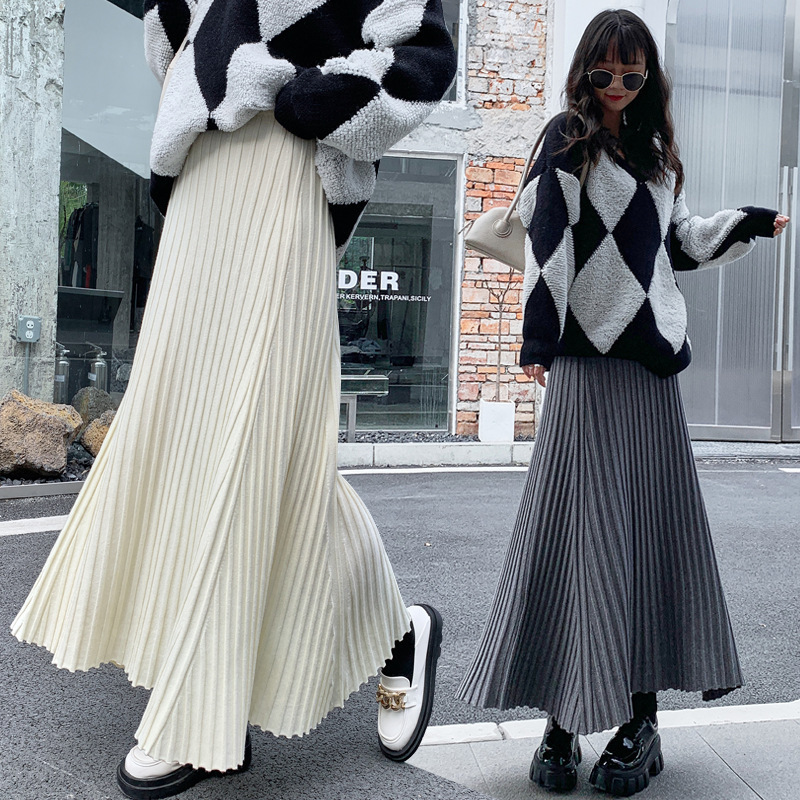 [Check-Breasted] 24 Winter Cinema Skirt Tall A-Line Pleated Skirt Knitted High Waist Slimming Swing Skirt Extra Long
