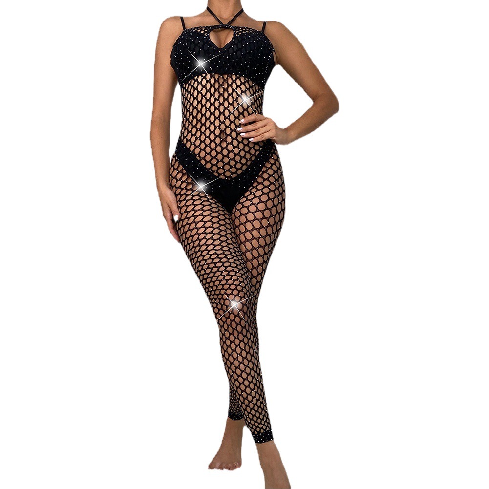 New European and American Hot Diamond Sexy Hollow Sexy Underwear Bouncy Diamond Starry One-Piece Mesh Lace