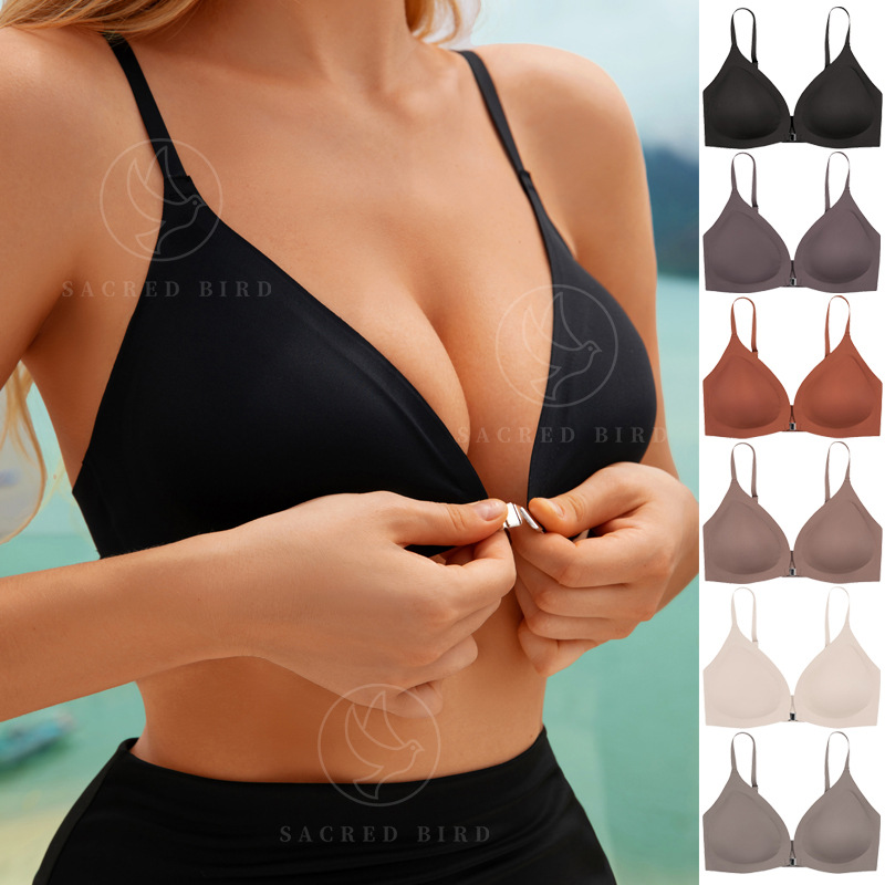 Cross-border seamless plus size sexy underwear women's thin small chest push up adjustable bra front buckle women's bra