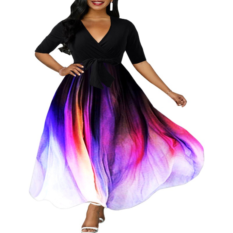 European and American Cross-border Amazon Printed Slim-fit Elegant Mid-sleeve Belt Large Size Dress Sexy V-neck Stitching Long Dress