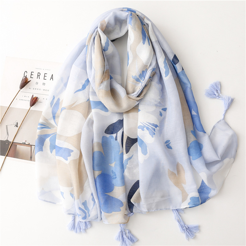 Picture of Foreign Trade Vintage Ethnic Style Travel Sunscreen Shawl Bali Yarn Cotton Linen Scarf Blue Ink Painting Scarf for Women