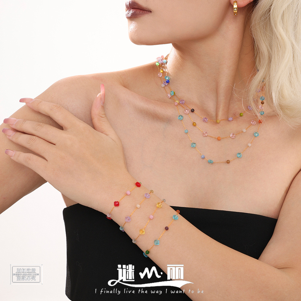 European and American Ins Style Colorful Natural Stone Clavicle Necklace Bracelet Stainless Steel Niche Dopamine Handmade Chain suit Women