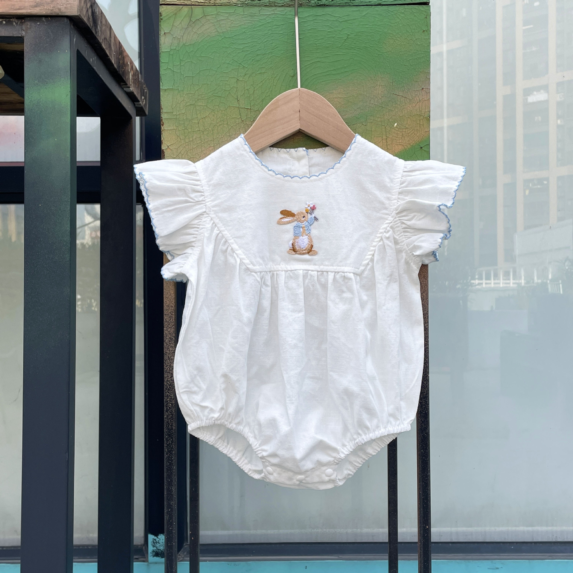 Picture of Baby Summer New Baby Girl Bunny Embroidered Bag Fart Clothing Full Moon Hundred Days Clothing Flying Sleeves Princess Crawling Clothing Thin Section
