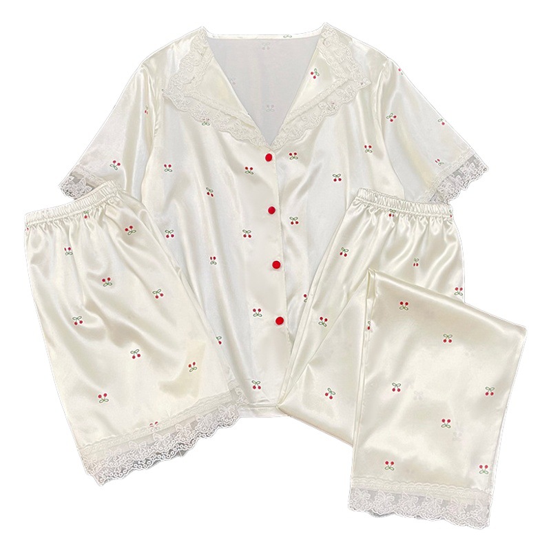 New ins sweet little cherry pajamas women's summer three-piece short sleeve lace lace home clothes real shot wholesale