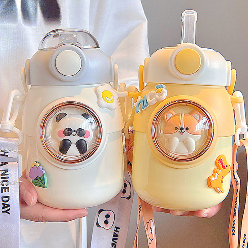 Large-Capacity Cartoon Kidsren's Thermos Cup Student School Strap Straw Big Belly Water Cup Girl Outdoor Handy Water Kettle